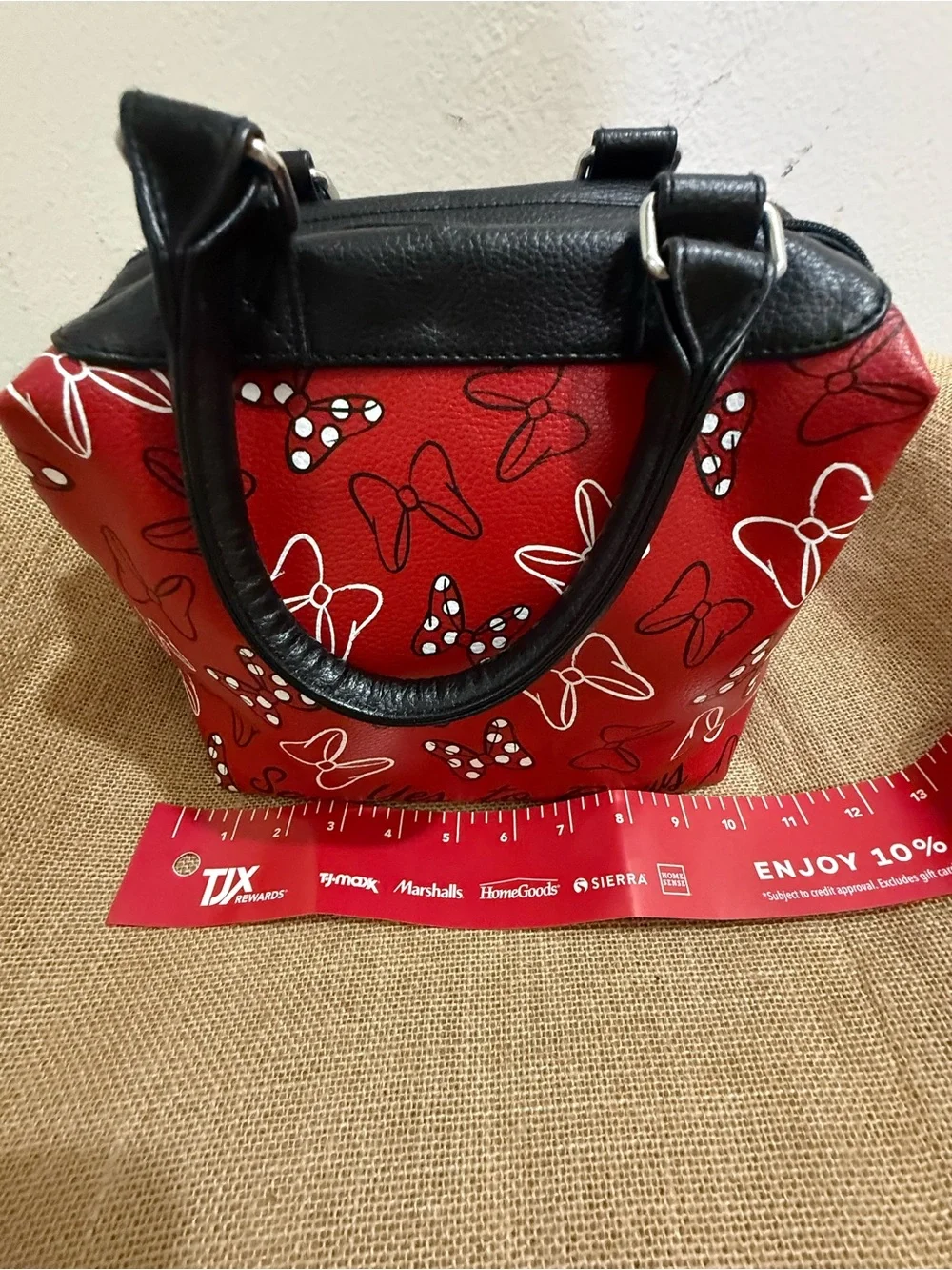 Disney Red Satchel with Black Handles and Bow Print
